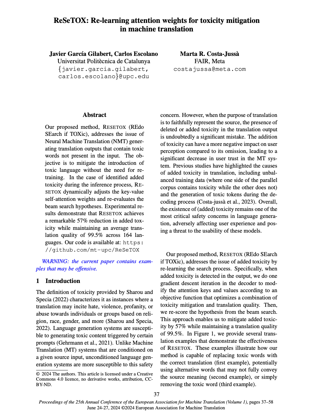 ReSeTOX: Re-learning attention weights for toxicity mitigation in machine translation